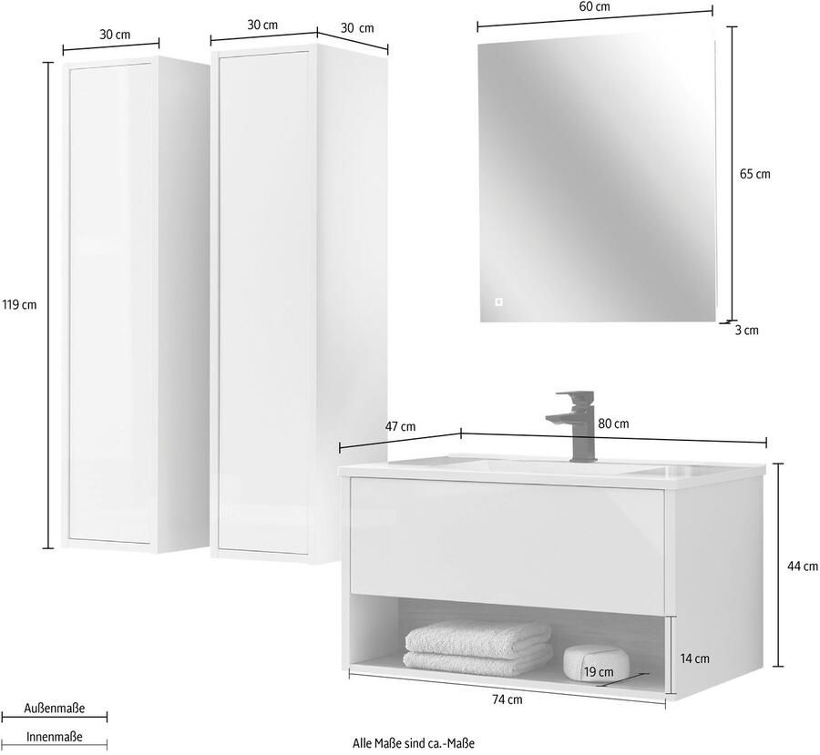 Places of Style Badkamerserie Studio Line bad in modern ontwerp 4-delig badkamer Kast wastafel en spiegel in twee kleuren beschikbaar opbergruimte (4-delig)