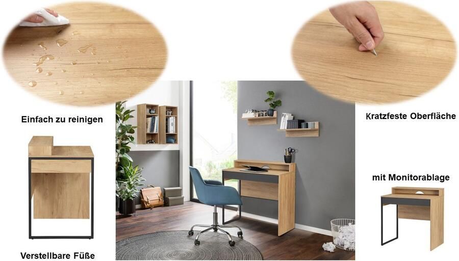 Places of Style Bureau Moid computertafel in modern design Breedte 80 cm met lade kabeldoorvoer & metalen voet - Foto 7