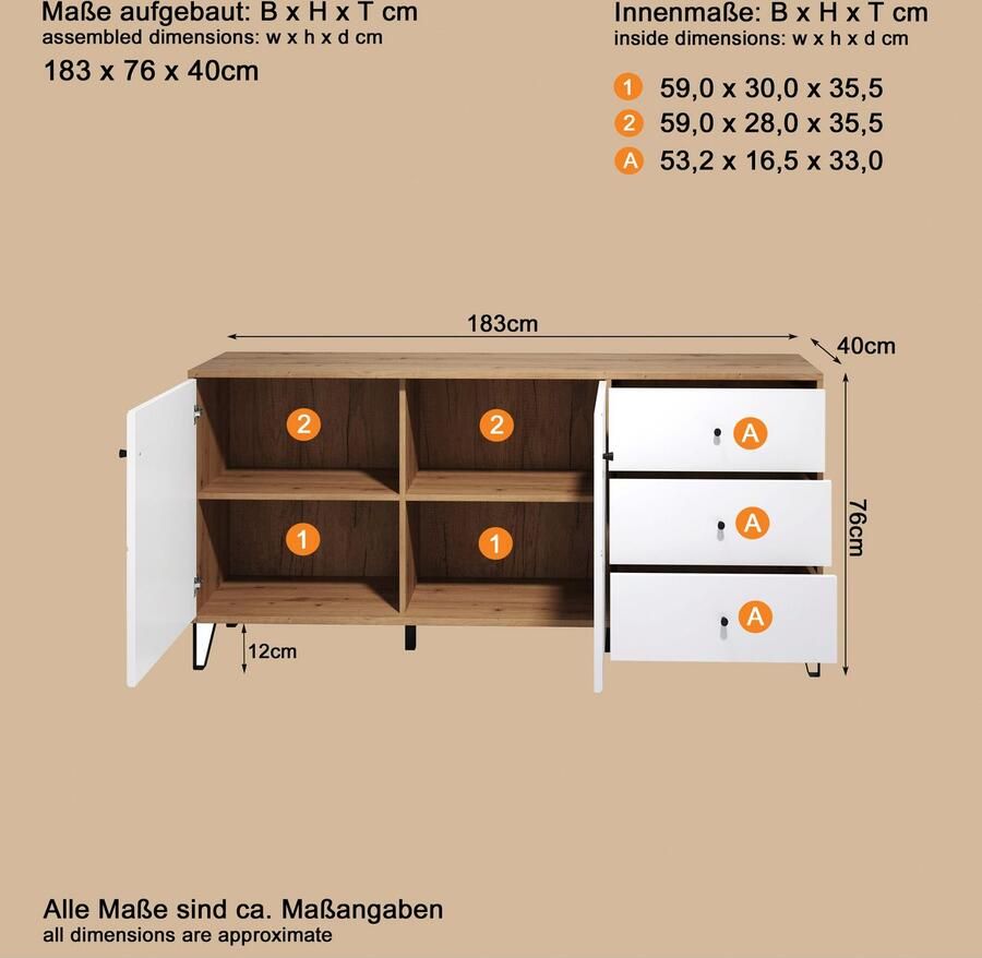 Places of Style Dressoir Tarragona Commode Frezingen in ruitlook Breedte 183 cm
