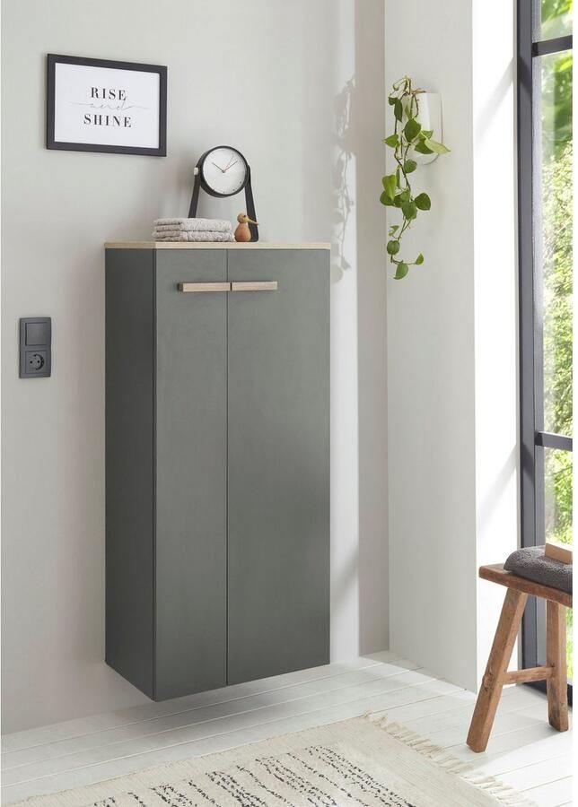 Places of Style Halfhoge kast SOLiD badkamerkast in modern ontwerp kast met houten grepen verkrijgbaar in twee kleuren met opbergruimte staand of hangend te monteren - Foto 2