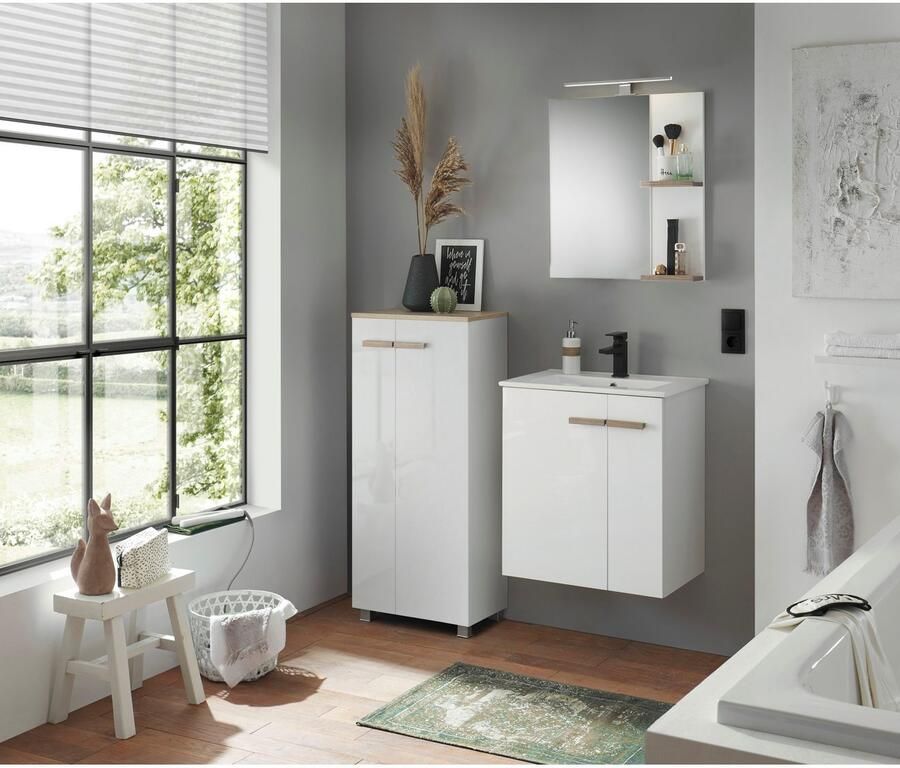 Places of Style Halfhoge kast SOLiD badkamerkast in modern ontwerp kast met houten grepen verkrijgbaar in twee kleuren met opbergruimte staand of hangend te monteren - Foto 2