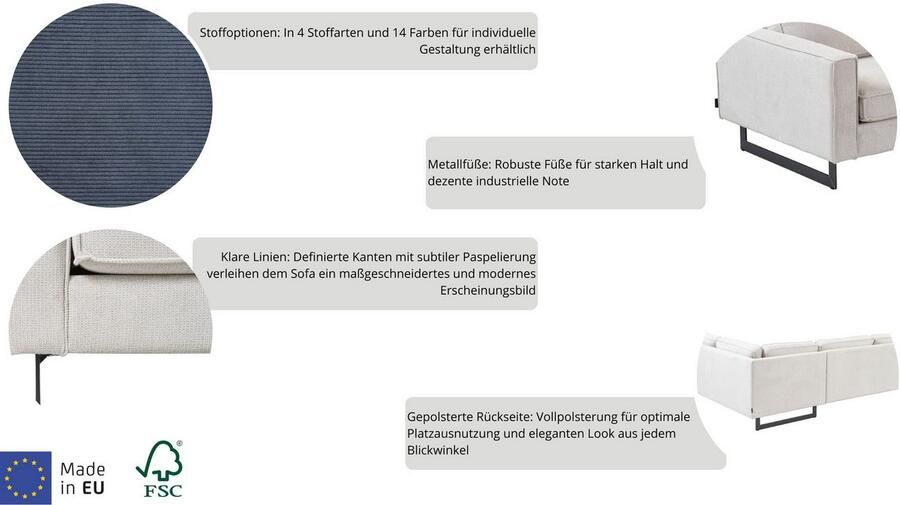 Places of Style 2-zitsbank Pinto 166 cm cord chenille leerlook met keder zwarte metalen voeten golfondersteuning - Foto 3