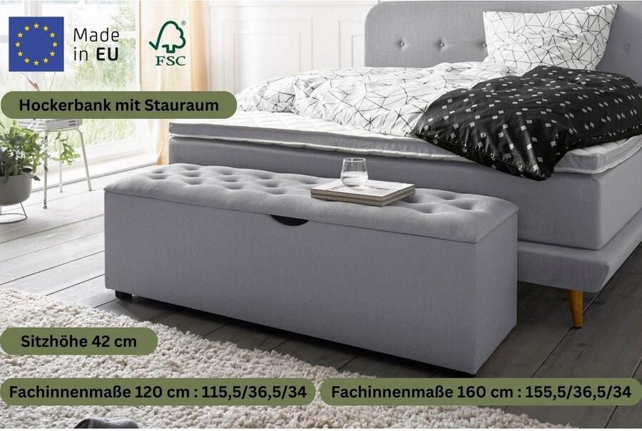 Places of Style Hockerbank Knobbed Hockerbank met bergruimte breedte 120 cm en 160 cm