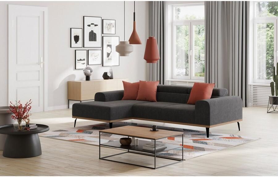 Places of Style Hoekbank Carlo L-vorm met hoofdeinde-verstelling & houten frame-look optionele relaxfunctie