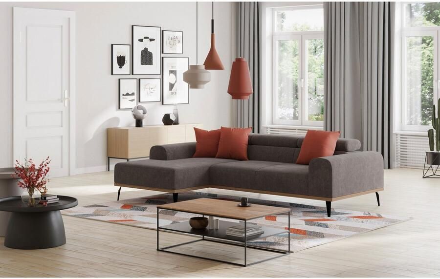 Places of Style Hoekbank Carlo L-vorm met hoofdeinde-verstelling & houten frame-look optionele relaxfunctie