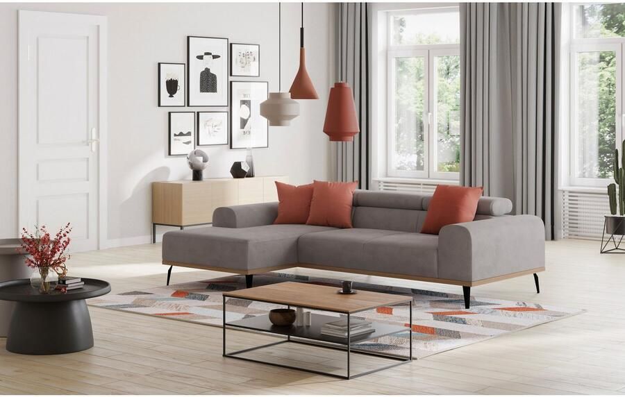 Places of Style Hoekbank Carlo L-vorm met hoofdeinde-verstelling & houten frame-look optionele relaxfunctie