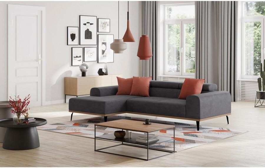 Places of Style Hoekbank Carlo L-vorm met hoofdeinde-verstelling & houten frame-look optionele relaxfunctie