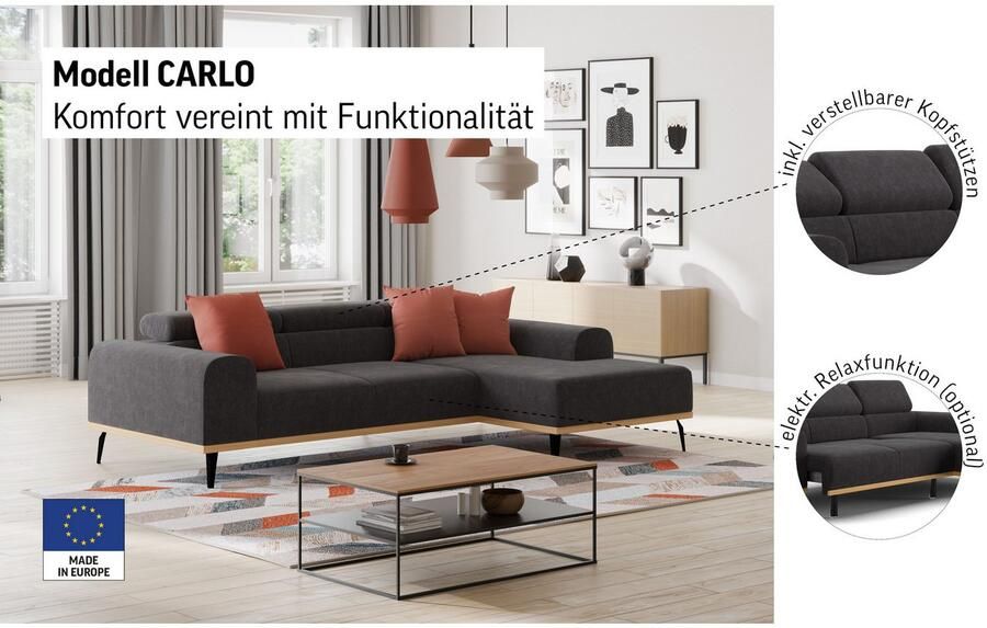 Places of Style Hoekbank Carlo L-vorm met hoofdeinde-verstelling & houten frame-look optionele relaxfunctie