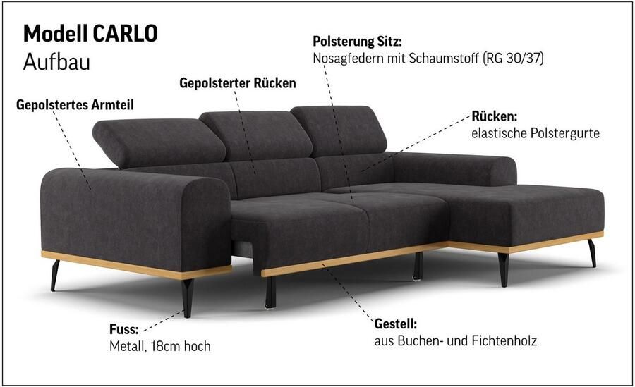 Places of Style Hoekbank Carlo L-vorm met hoofdeinde-verstelling & houten frame-look optionele relaxfunctie - Foto 6