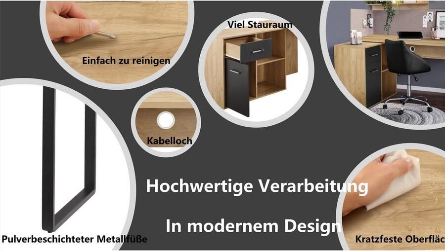 Places of Style Hoekbureau Moid computertafel kabeldoorvoer met planken Lade en deur flexibel plankelement 140x82-115 cm - Foto 6