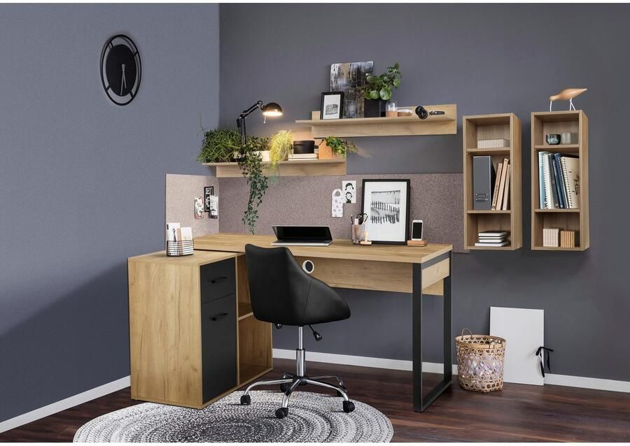 Places of Style Hoekbureau Moid computertafel kabeldoorvoer met planken Lade en deur flexibel plankelement 140x82-115 cm - Foto 2