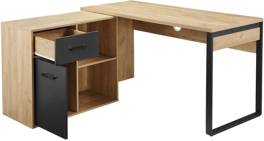 Places of Style Hoekbureau Moid computertafel kabeldoorvoer met planken Lade en deur flexibel plankelement 140x82-115 cm - Foto 8