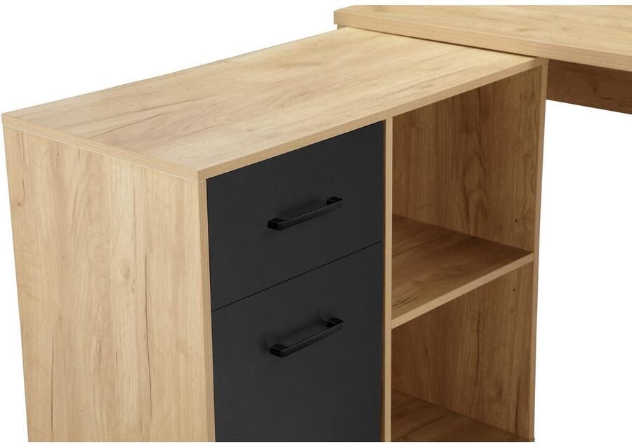 Places of Style Hoekbureau Moid computertafel kabeldoorvoer met planken Lade en deur flexibel plankelement 140x82-115 cm - Foto 3