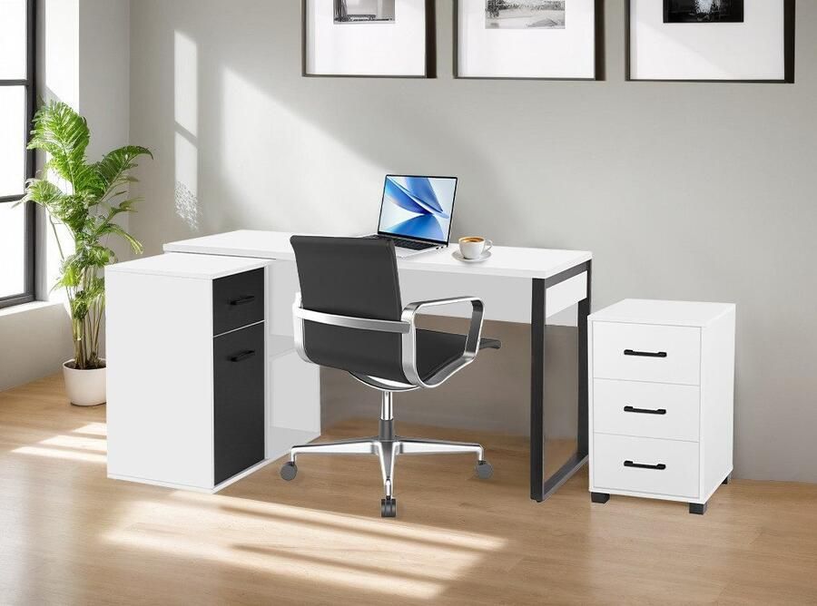 Places of Style Hoekbureau Moid computertafel kabeldoorvoer met planken Lade en deur flexibel plankelement 140x82-115 cm - Foto 6