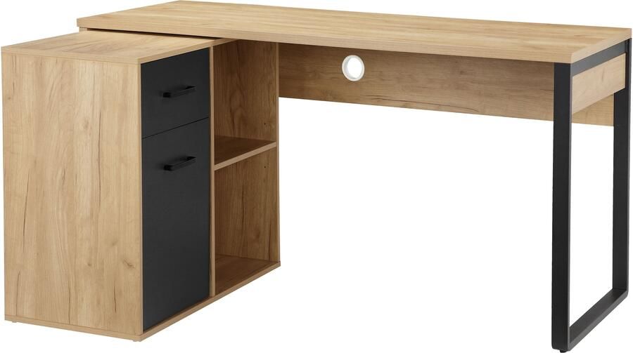Places of Style Hoekbureau Moid computertafel kabeldoorvoer met planken Lade en deur flexibel plankelement 140x82-115 cm - Foto 7