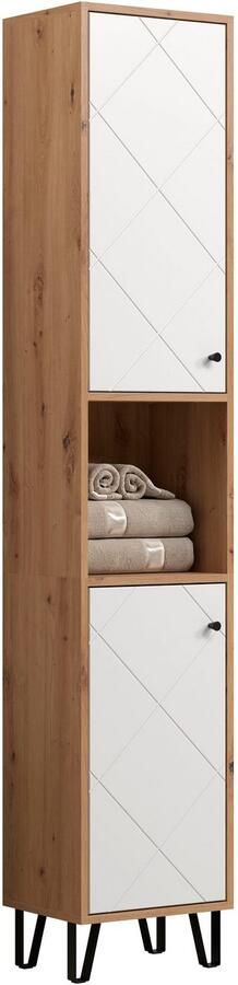 Places of Style Hoge kast Tarragona Breedte 36 cm 2 deuren retro metalen poten mat bruine hout-look wit (1 stuk) - Foto 7