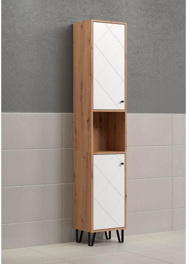 Places of Style Hoge kast Tarragona Breedte 36 cm 2 deuren retro metalen poten mat bruine hout-look wit (1 stuk) - Foto 3