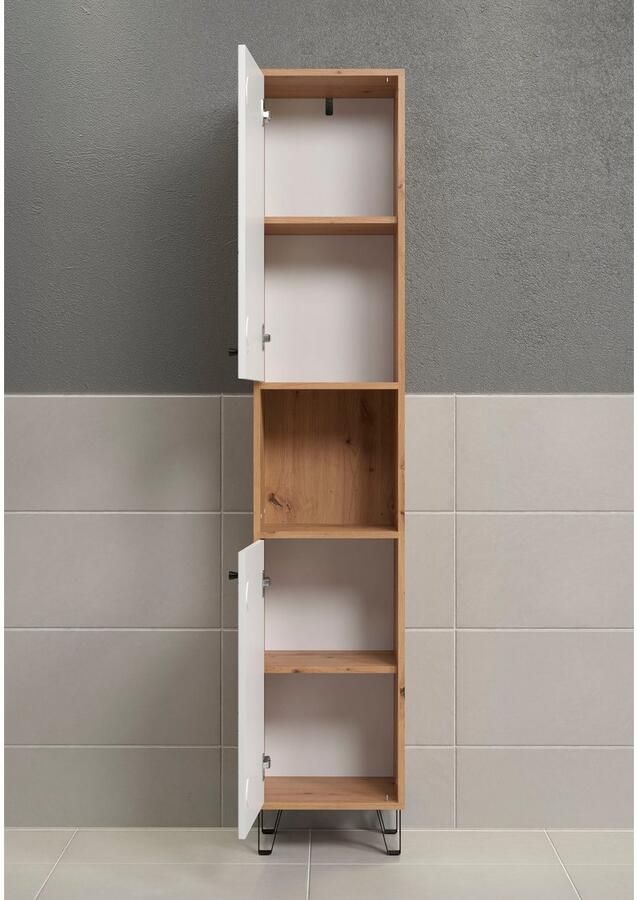 Places of Style Hoge kast Tarragona Breedte 36 cm 2 deuren retro metalen poten mat bruine hout-look wit (1 stuk) - Foto 4