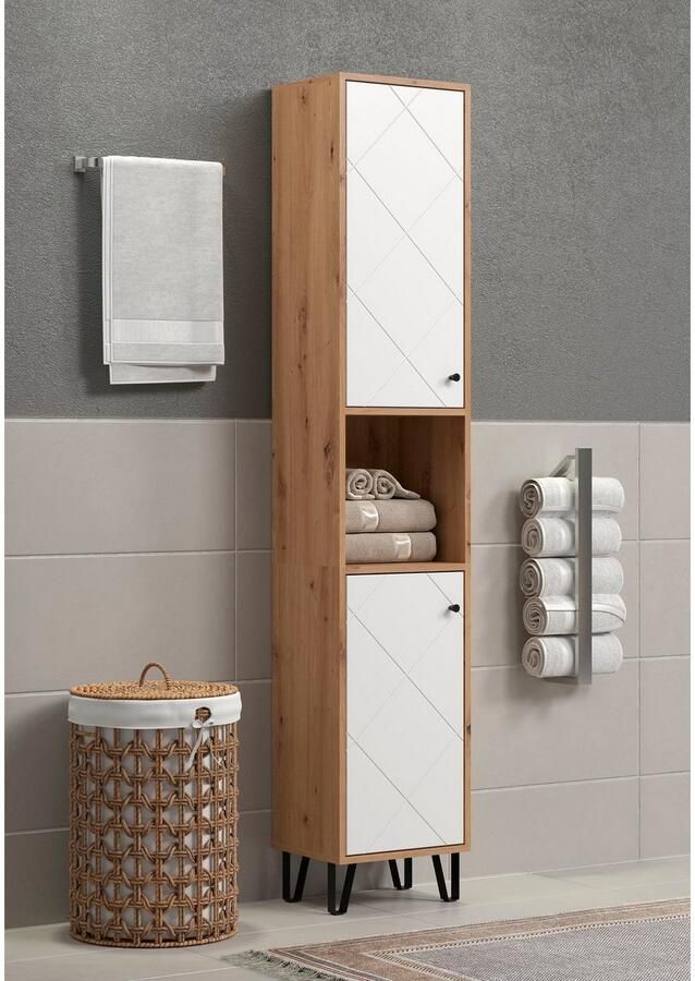 Places of Style Hoge kast Tarragona Breedte 36 cm 2 deuren retro metalen poten mat bruine hout-look wit (1 stuk) - Foto 5