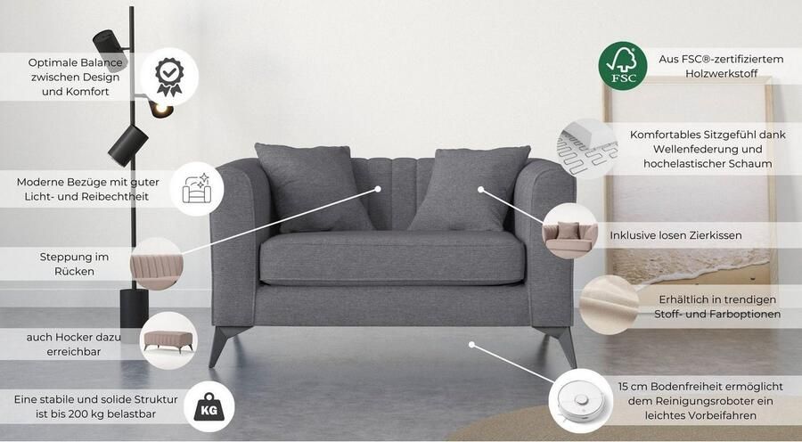 Places of Style Loveseat MATTHEW loungestoel afmetingen B D H: 130 86 74 cm incl. sierkussen fijne stiksels in de rug belastbaar tot 200kg - Foto 4