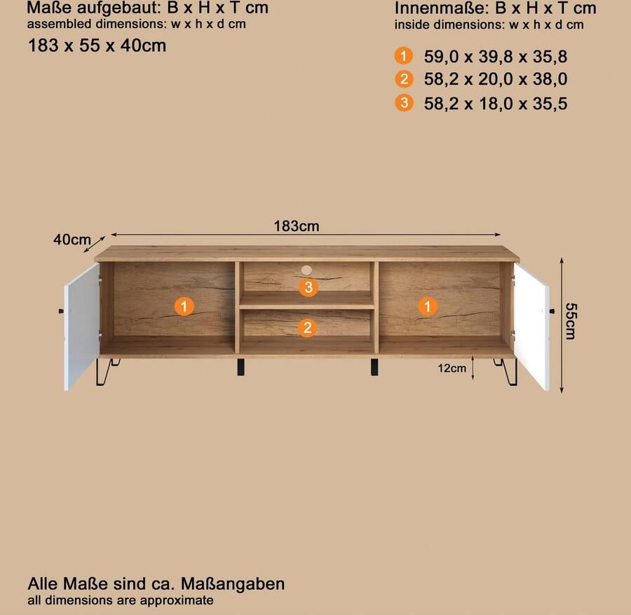 Places of Style Tv-meubel Tarragona TV-kast TV-lowboard met frezingen in ruitlook en kabeldoorvoer Br.183 cm - Foto 3