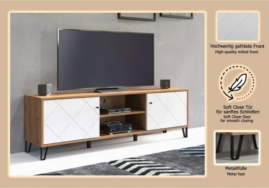 Places of Style Tv-meubel Tarragona TV-kast TV-lowboard met frezingen in ruitlook en kabeldoorvoer Br.183 cm - Foto 6