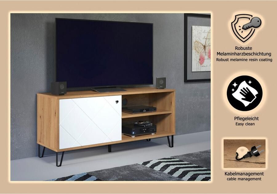 Places of Style Tv-meubel Tarragona TV-kast TV-lowboard met frezingen in ruitlook en praktische kabeldoorvoer - Foto 5