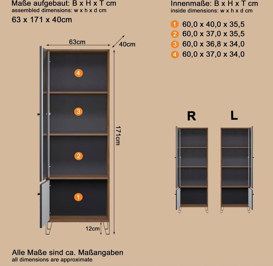 Places of Style Vitrinekast MOLVENO Woonkamer vitrine met voelbare grafiet vierkantlook 63 40 172 cm (1 stuk)