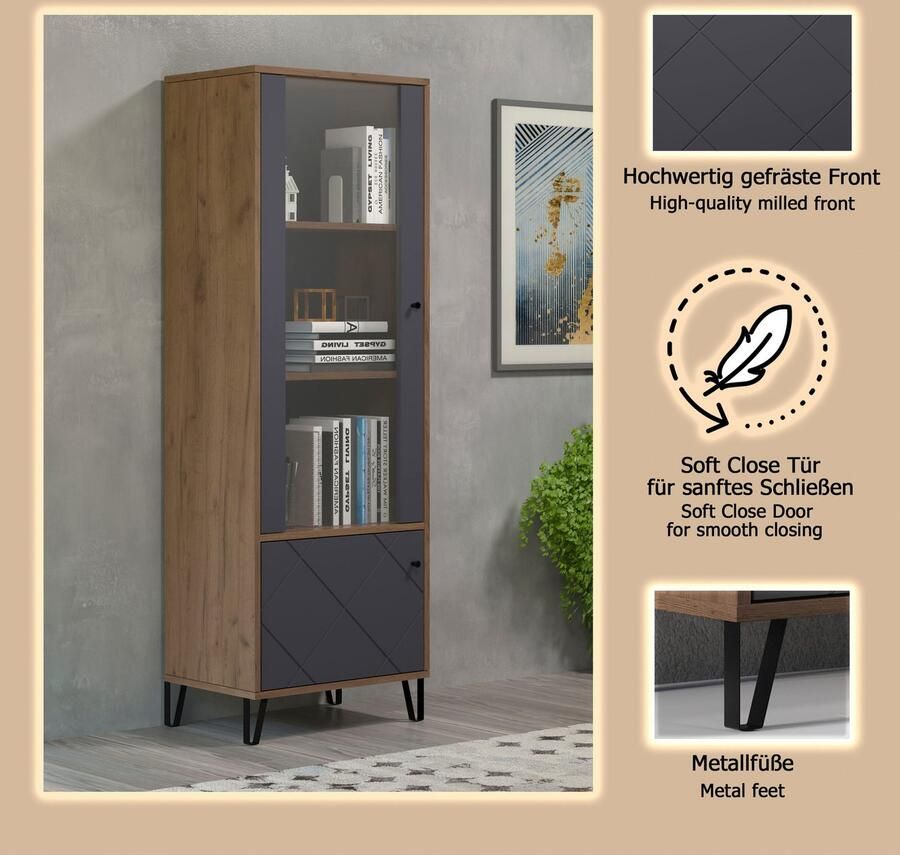 Places of Style Vitrinekast MOLVENO Woonkamer vitrine met voelbare grafiet vierkantlook 63 40 172 cm (1 stuk) - Foto 2