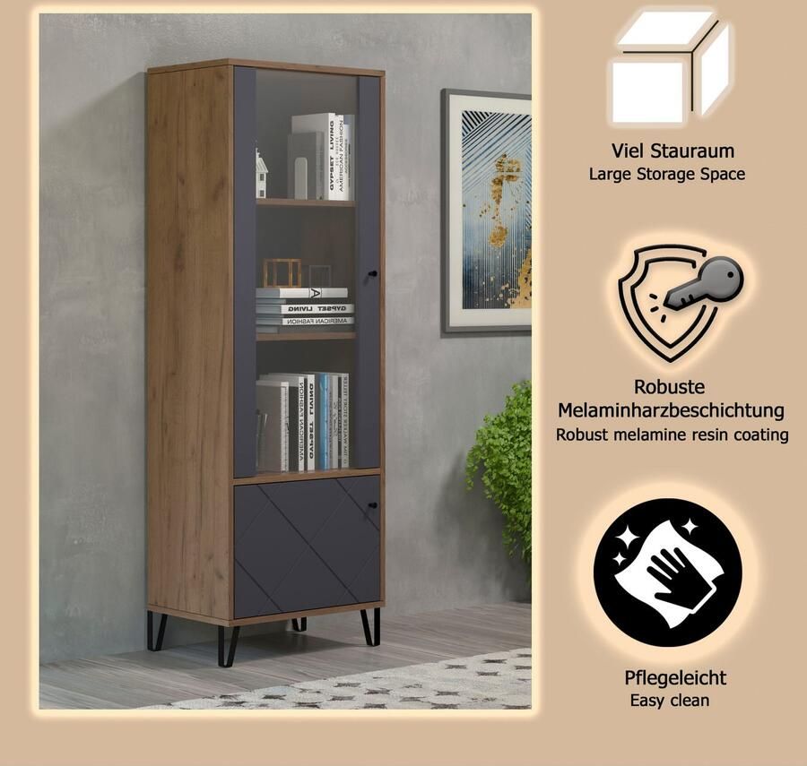 Places of Style Vitrinekast MOLVENO Woonkamer vitrine met voelbare grafiet vierkantlook 63 40 172 cm (1 stuk) - Foto 3