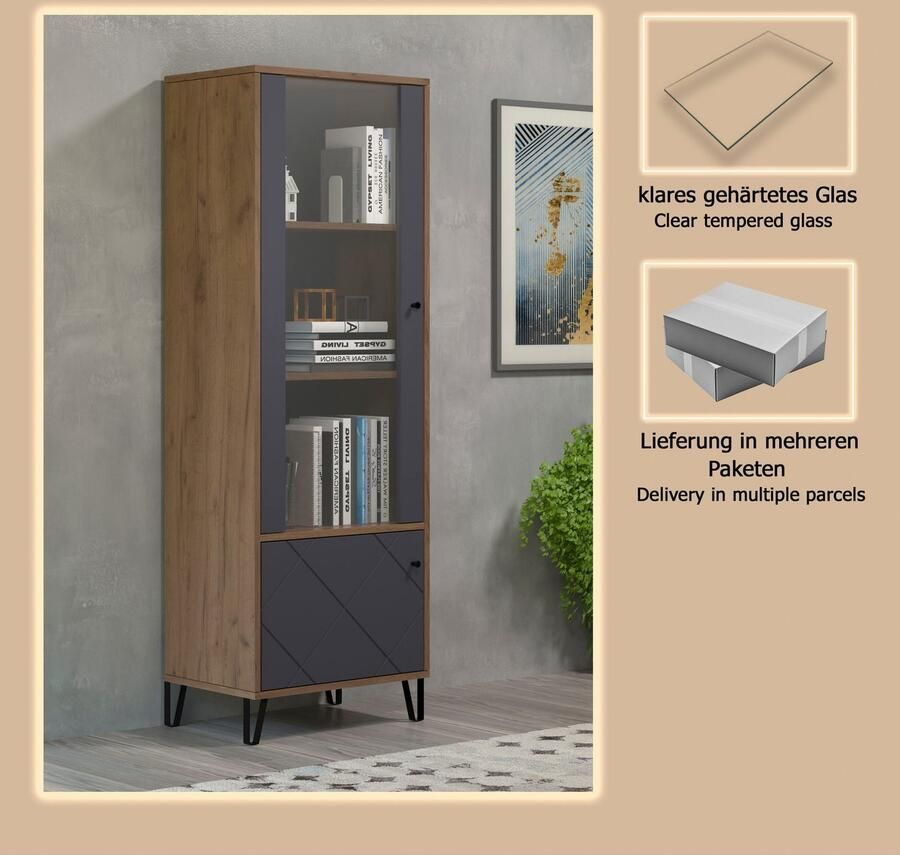Places of Style Vitrinekast MOLVENO Woonkamer vitrine met voelbare grafiet vierkantlook 63 40 172 cm (1 stuk) - Foto 4