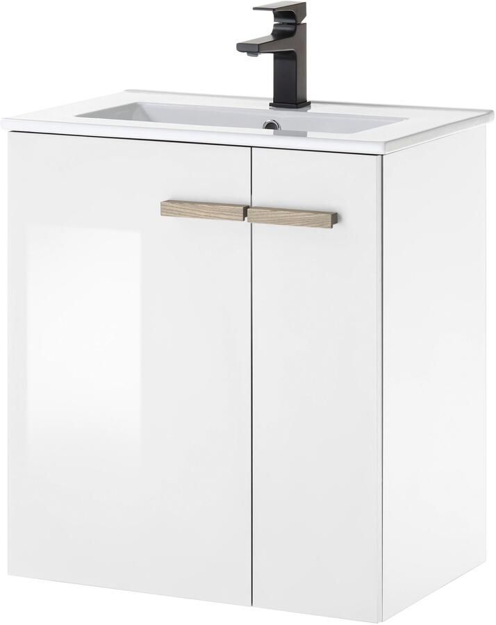 Places of Style Wastafelonderkast SOLiD onderkast incl. wastafel badkamerkast met houten handgrepen