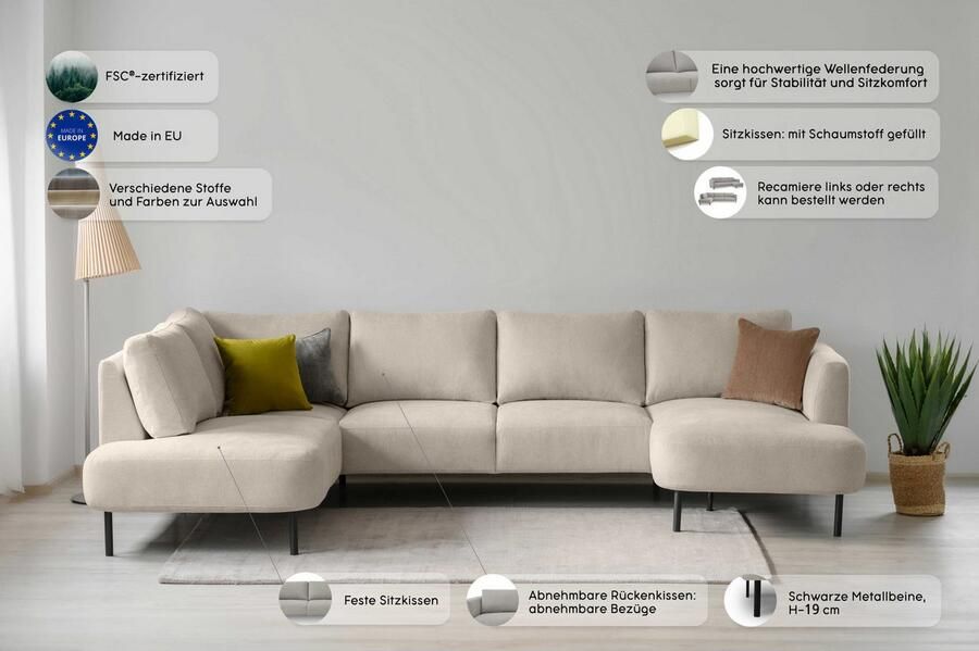 Places of Style Zithoek Cesola in zachte chenille-stof breedte 327 cm met zwarte metalen poten - Foto 4