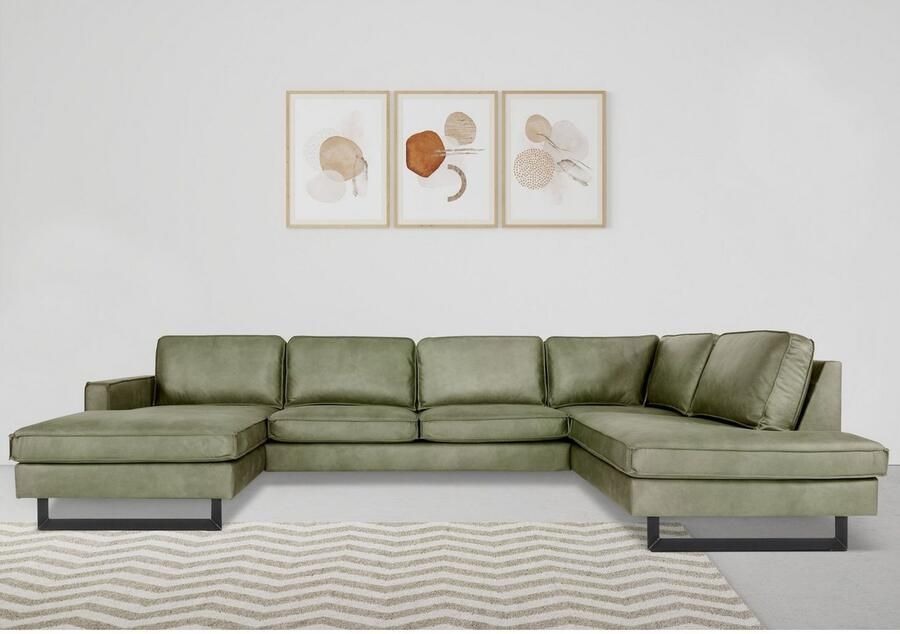 Places of Style Zithoek Pinto 350 cm U-vorm XXL met ottomanen Cord chenille leerlook met bies metalen voeten golfondersteuning