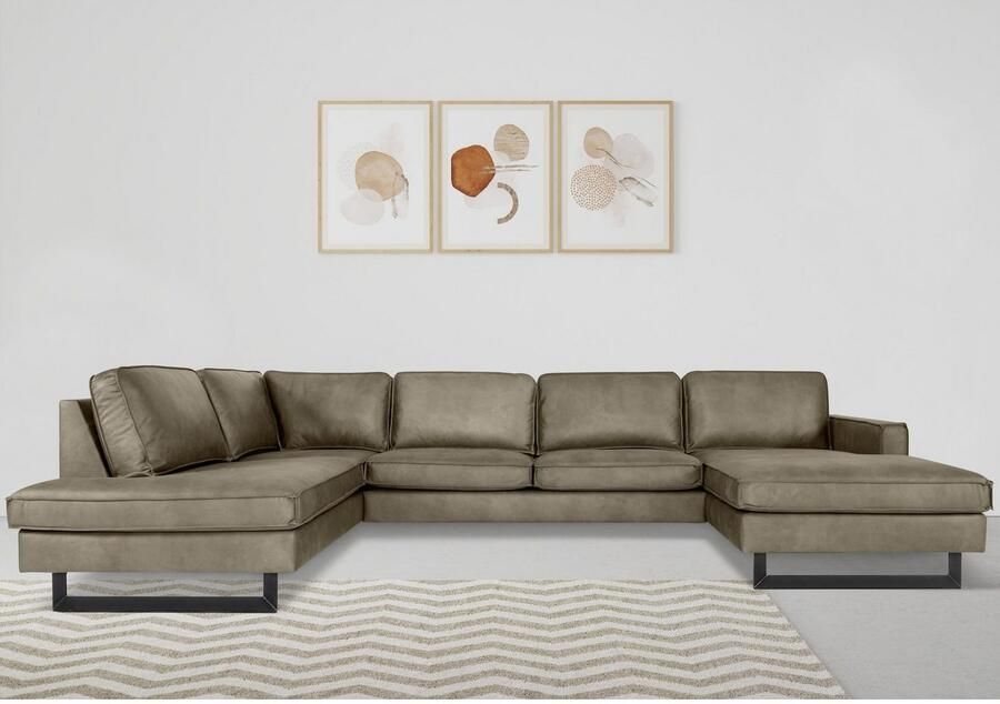 Places of Style Zithoek Pinto 350 cm U-vorm XXL met ottomanen Cord chenille leerlook met bies metalen voeten golfondersteuning