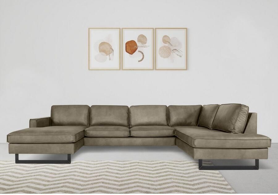 Places of Style Zithoek Pinto 350 cm U-vorm XXL met ottomanen Cord chenille leerlook met bies metalen voeten golfondersteuning