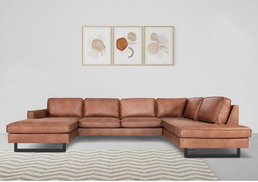 Places of Style Zithoek Pinto 350 cm U-vorm XXL met ottomanen Cord chenille leerlook met bies metalen voeten golfondersteuning