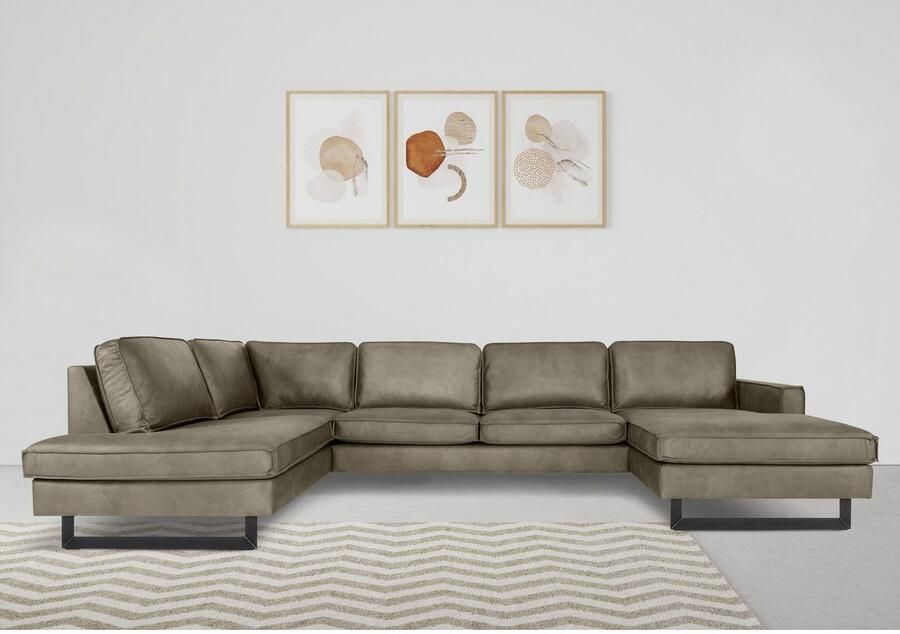 Places of Style Zithoek Pinto 350 cm U-vorm XXL met ottomanen Cord chenille leerlook met bies metalen voeten golfondersteuning