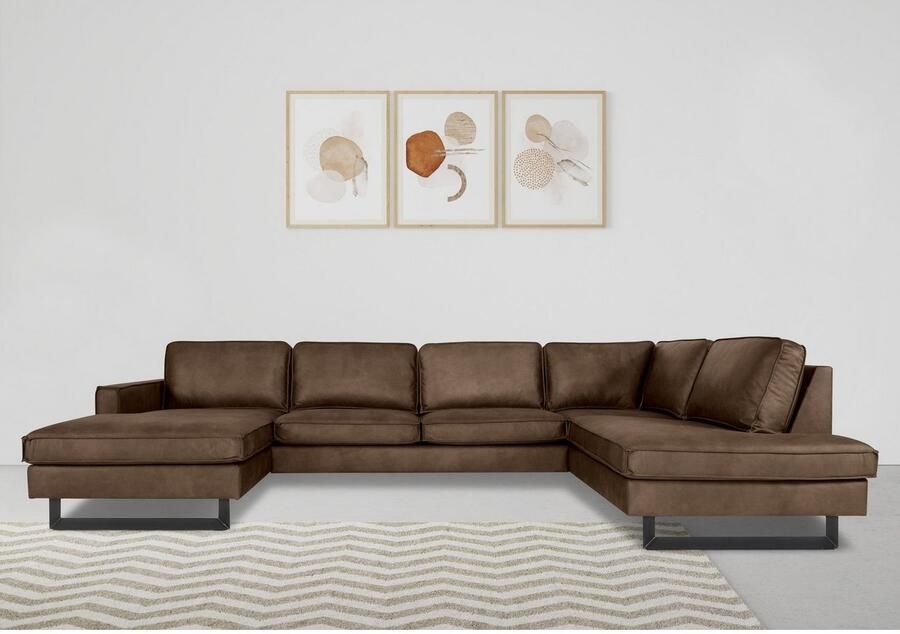 Places of Style Zithoek Pinto 350 cm U-vorm XXL met ottomanen Cord chenille leerlook met bies metalen voeten golfondersteuning