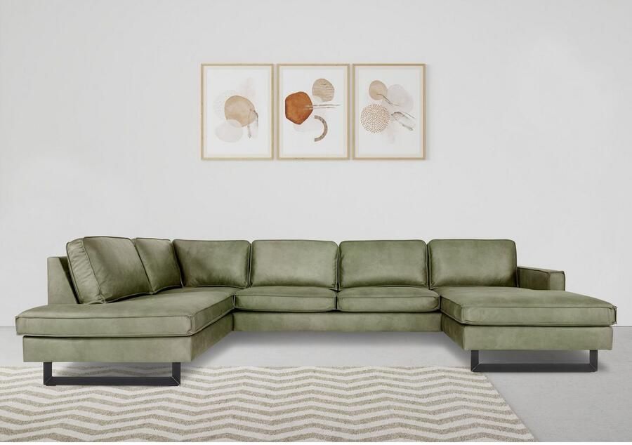 Places of Style Zithoek Pinto 350 cm U-vorm XXL met ottomanen Cord chenille leerlook met bies metalen voeten golfondersteuning