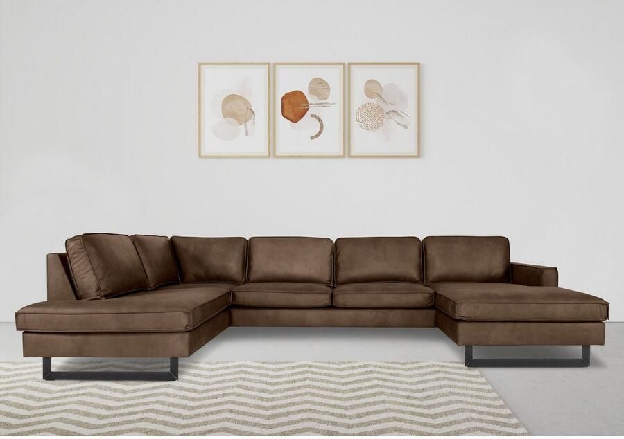 Places of Style Zithoek Pinto 350 cm U-vorm XXL met ottomanen Cord chenille leerlook met bies metalen voeten golfondersteuning