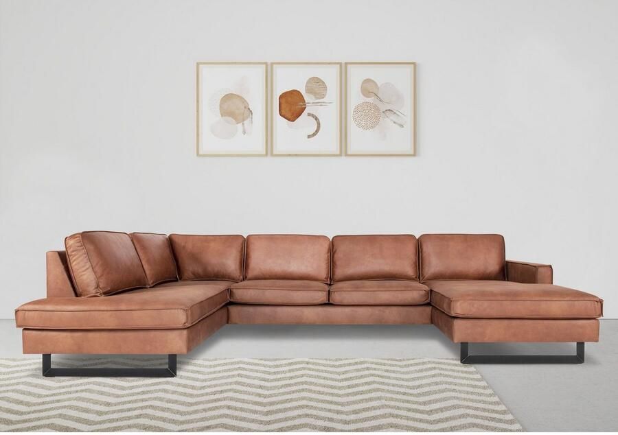 Places of Style Zithoek Pinto 350 cm U-vorm XXL met ottomanen Cord chenille leerlook met bies metalen voeten golfondersteuning