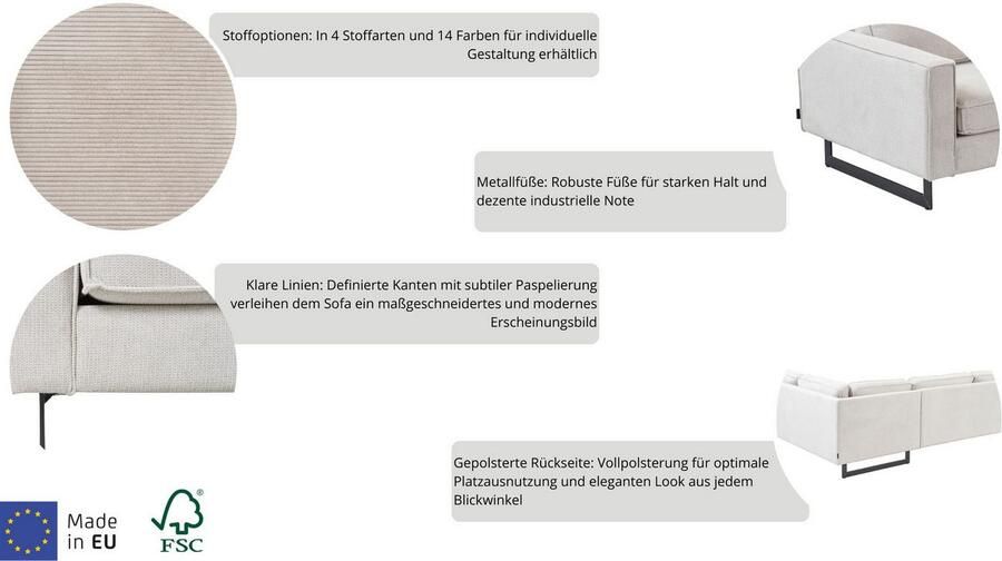 Places of Style 2-zitsbank Pinto 166 cm cord chenille leerlook met keder zwarte metalen voeten golfondersteuning - Foto 4