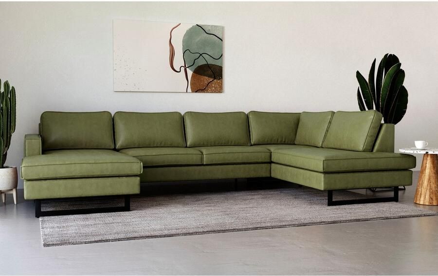 Places of Style Zithoek Pinto 350 cm U-vorm XXL met ottomanen Cord chenille leerlook met bies metalen voeten golfondersteuning - Foto 4