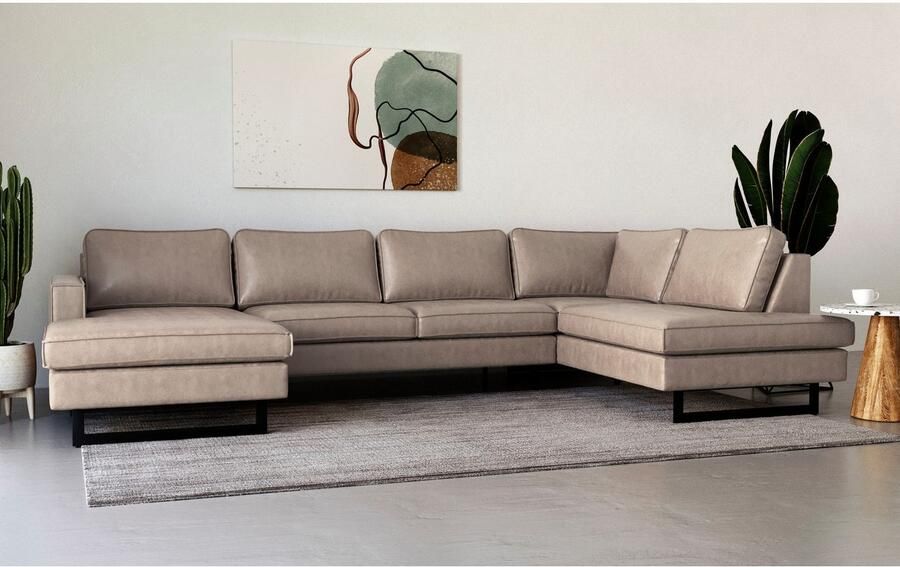 Places of Style Zithoek Pinto 350 cm U-vorm XXL met ottomanen Cord chenille leerlook met bies metalen voeten golfondersteuning - Foto 4