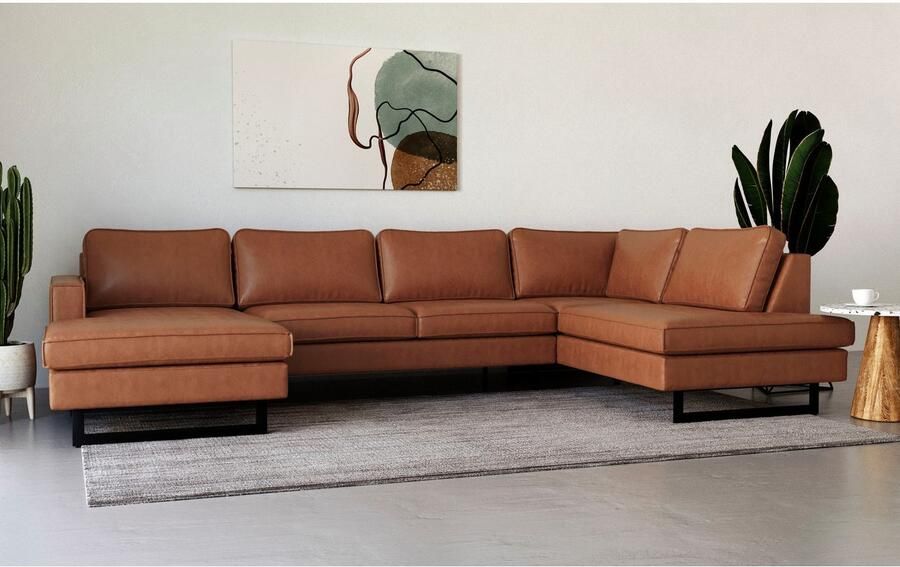 Places of Style Zithoek Pinto 350 cm U-vorm XXL met ottomanen Cord chenille leerlook met bies metalen voeten golfondersteuning - Foto 4