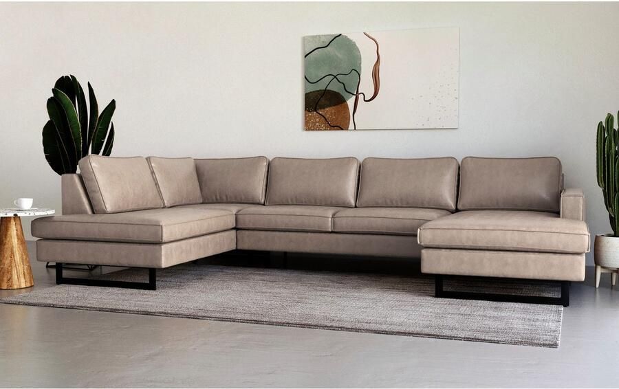 Places of Style Zithoek Pinto 350 cm U-vorm XXL met ottomanen Cord chenille leerlook met bies metalen voeten golfondersteuning - Foto 4