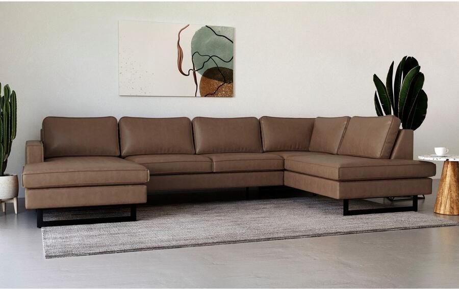 Places of Style Zithoek Pinto 350 cm U-vorm XXL met ottomanen Cord chenille leerlook met bies metalen voeten golfondersteuning - Foto 4