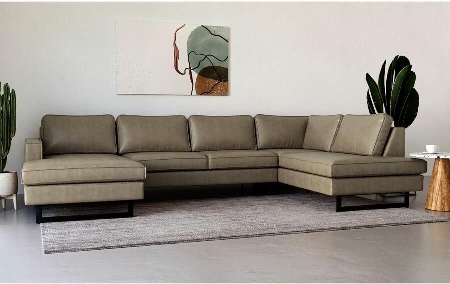 Places of Style Zithoek Pinto 350 cm U-vorm XXL met ottomanen Cord chenille leerlook met bies metalen voeten golfondersteuning - Foto 4