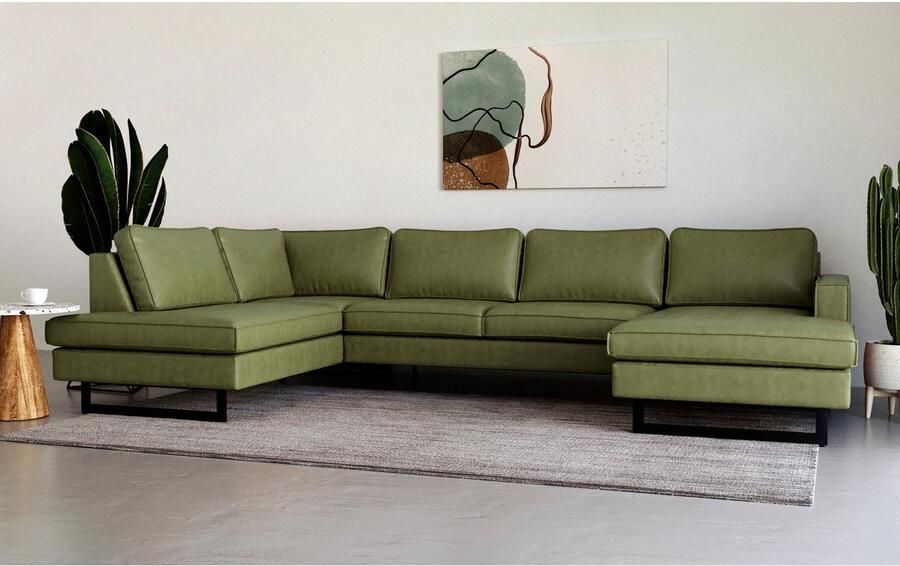 Places of Style Zithoek Pinto 350 cm U-vorm XXL met ottomanen Cord chenille leerlook met bies metalen voeten golfondersteuning - Foto 4